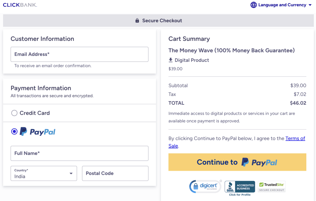 The Money Wave Checkout Page